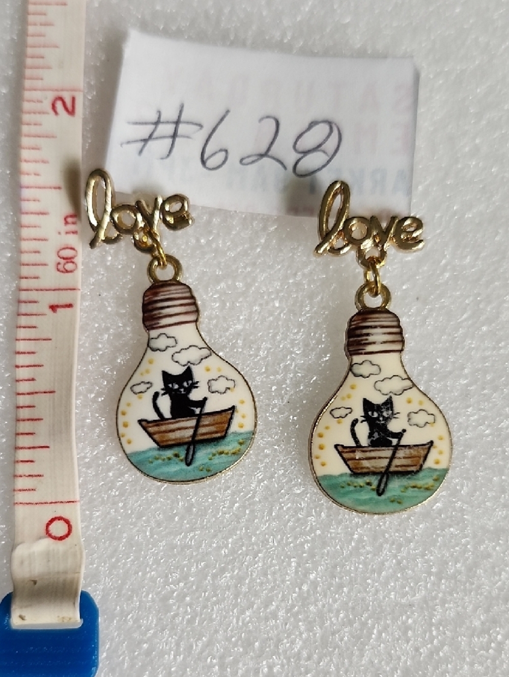 Hand Crafted Gold 'Love' Cat in Boat Lightbulb Drop Earrings - Picture 2 of 5